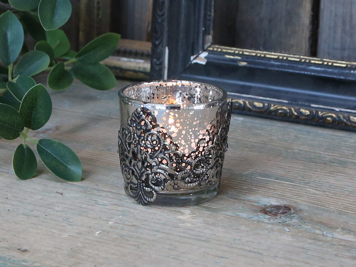 Teelichthalter Antik-Silber und mit silber Dekor