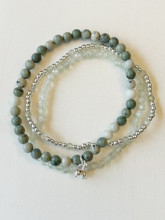 Jaspis lindgrün 3er-Set mit Prehnit und Silber