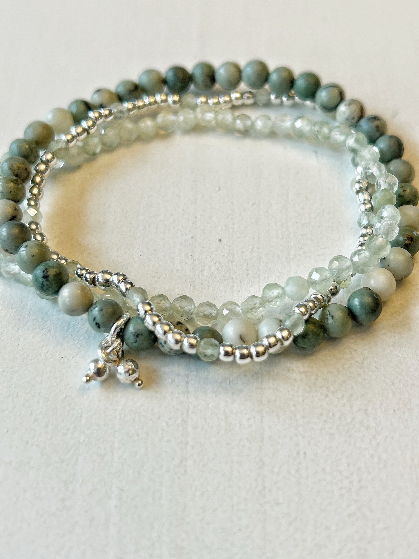 Jaspis lindgrün 3er-Set mit Prehnit und Silber