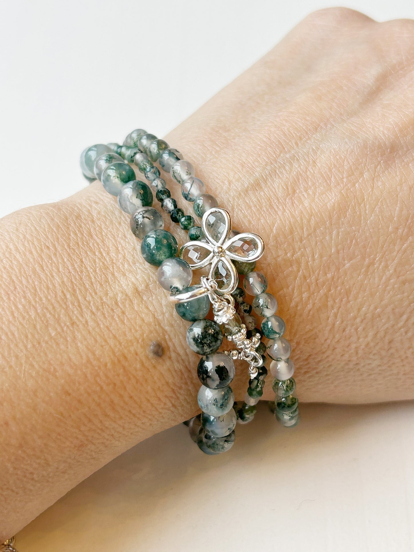 Moosachat und Bergkristall 3er Armbandset