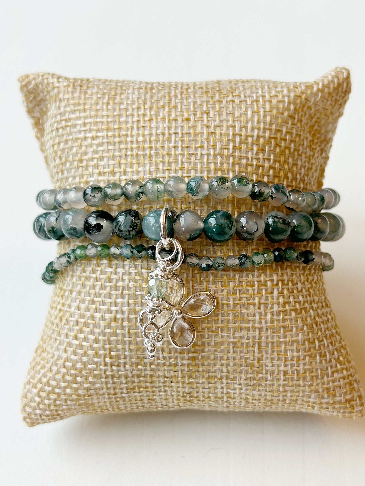 Moosachat und Bergkristall 3er Armbandset