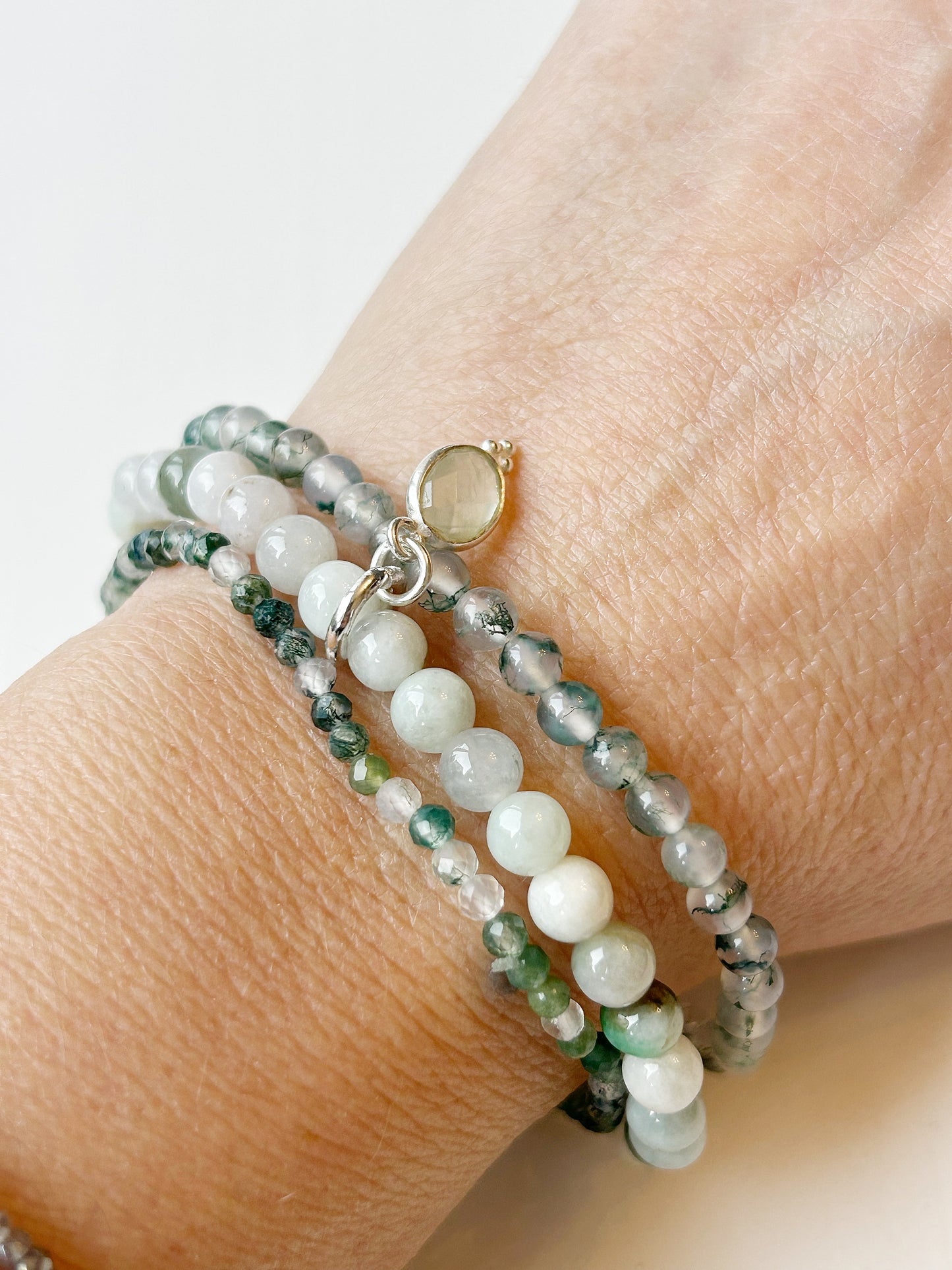 Moosachat und Jade 3er Armband