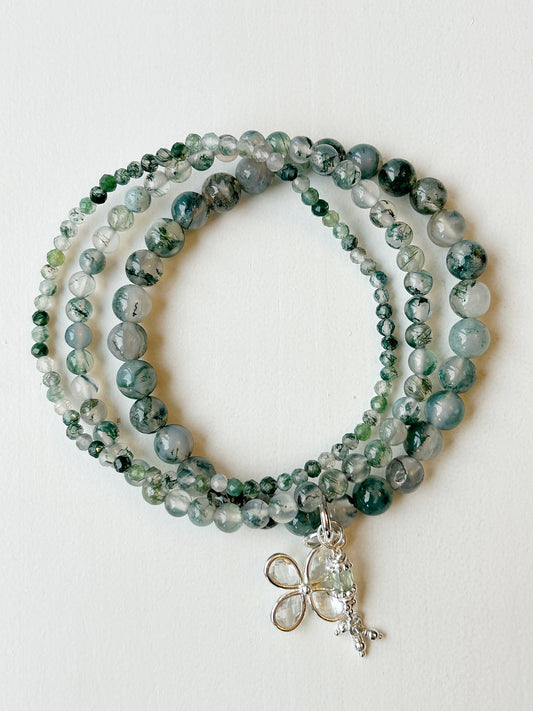 Moosachat und Bergkristall 3er Armbandset