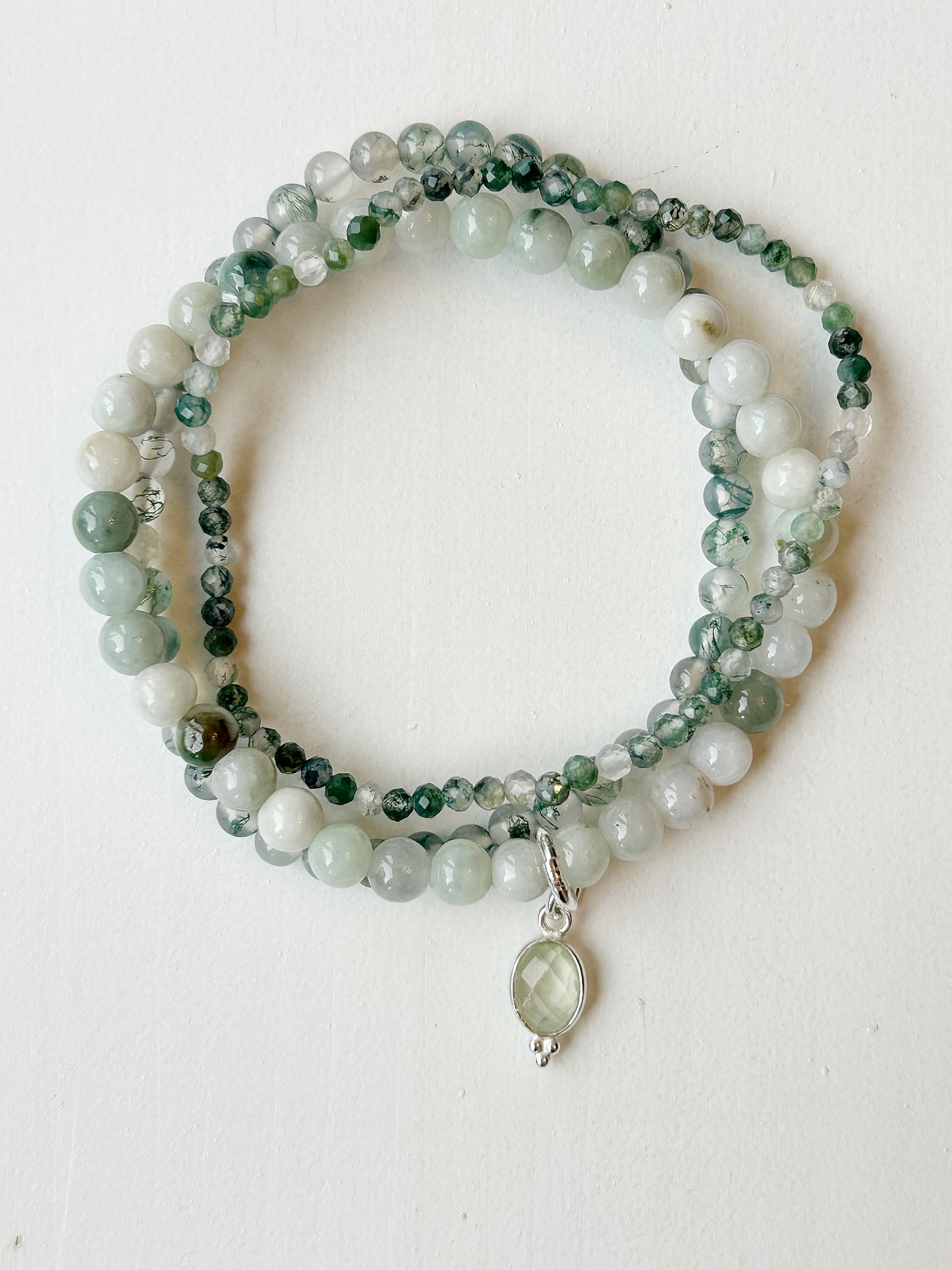 Moosachat und Jade 3er Armband