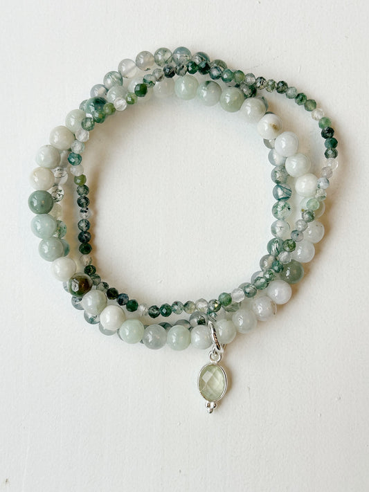 Moosachat und Jade 3er Armband